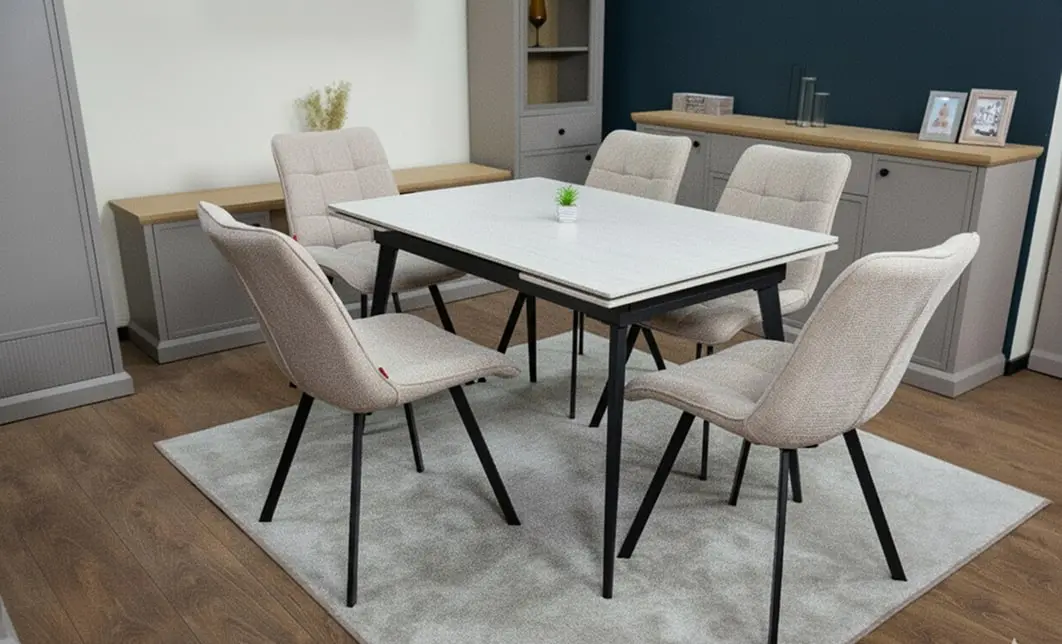 Set Masă Living Extensibilă DTM0101CS Bej cu 6 Scaune Tapițate DCM1801CF Bej