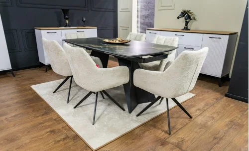 Set Masă Living Extensibilă Blat Ceramic Negru/Auriu DTM0105CS cu 6 Scaune DCM0112AS Bej