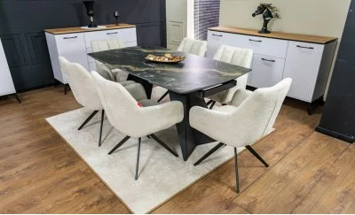 Set Masă Living Extensibilă Blat Ceramic Negru/Auriu DTM0105CS cu 6 Scaune DCM0112AS Bej