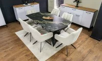 Set Masă Living Extensibilă Blat Ceramic Negru/Auriu DTM0105CS cu 6 Scaune DCM0112AS Bej