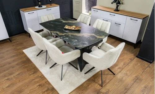 Set Masă Living Extensibilă Blat Ceramic Negru/Auriu DTM0105CS cu 6 Scaune DCM0112AS Bej