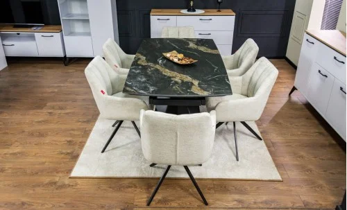 Set Masă Living Extensibilă Blat Ceramic Negru/Auriu DTM0105CS cu 6 Scaune DCM0112AS Bej