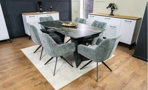 Set Masă Living Extensibilă Blat Ceramic Negru/Auriu DTM0105CS cu 6 Scaune DCM0112AS Gri