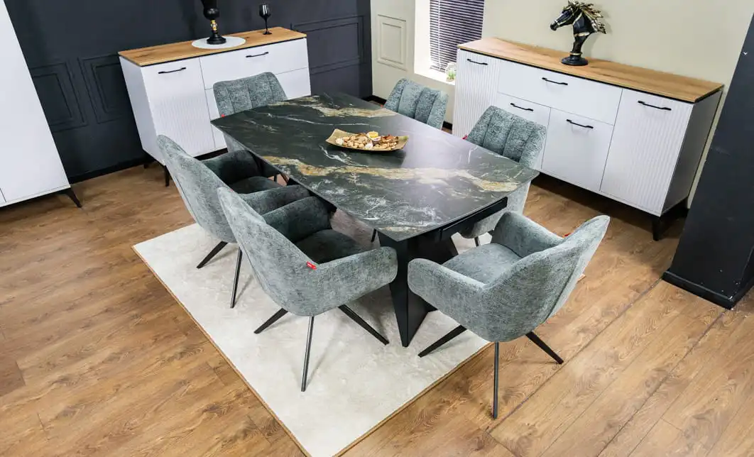 Set Masă Living Extensibilă Blat Ceramic Negru/Auriu DTM0105CS cu 6 Scaune DCM0112AS Gri 1