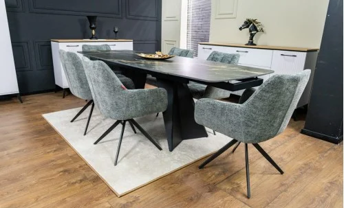 Set Masă Living Extensibilă Blat Ceramic Negru/Auriu DTM0105CS cu 6 Scaune DCM0112AS Gri