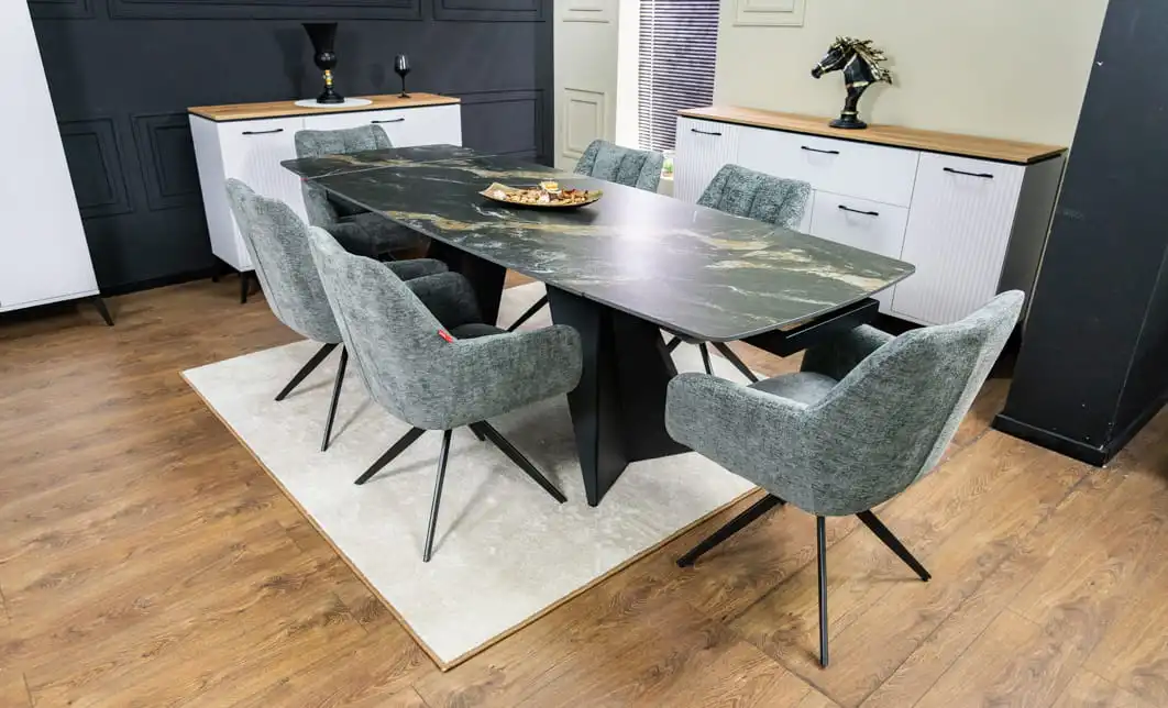 Set Masă Living Extensibilă Blat Ceramic Negru/Auriu DTM0105CS cu 6 Scaune DCM0112AS Gri 3