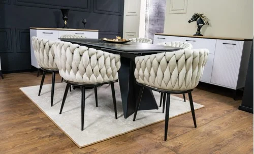 Set Masă Living Extensibilă Blat Ceramic Negru/Auriu DTM0105CS cu 6 Scaune KJC11 Bej