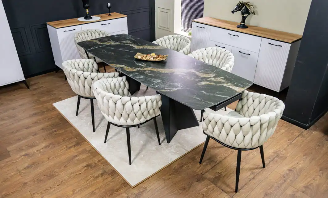 Set Masă Living Extensibilă Blat Ceramic Negru/Auriu DTM0105CS cu 6 Scaune KJC11 Bej 2