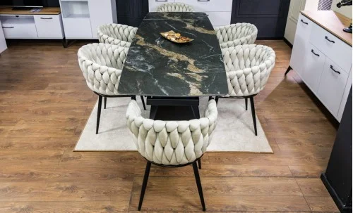 Set Masă Living Extensibilă Blat Ceramic Negru/Auriu DTM0105CS cu 6 Scaune KJC11 Bej