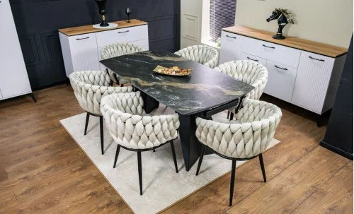 Set Masă Living Extensibilă Blat Ceramic Negru/Auriu DTM0105CS cu 6 Scaune KJC11 Bej