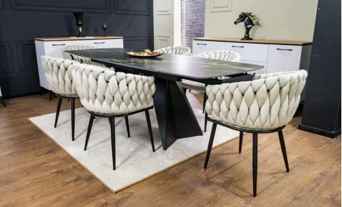 Set Masă Living Extensibilă Blat Ceramic Negru/Auriu DTM0105CS cu 6 Scaune KJC11 Bej
