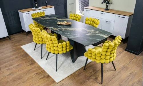 Set Masă Living Extensibilă Blat Ceramic Negru/Auriu DTM0105CS cu 6 Scaune KJC374 Galbene