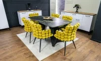 Set Masă Living Extensibilă Blat Ceramic Negru/Auriu DTM0105CS cu 6 Scaune KJC374 Galbene