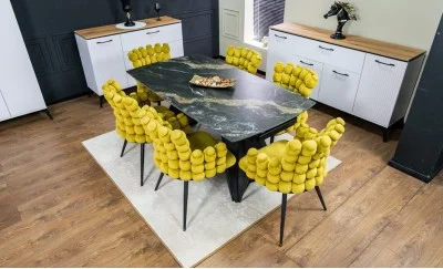Set Masă Living Extensibilă Blat Ceramic Negru/Auriu DTM0105CS cu 6 Scaune KJC374 Galbene
