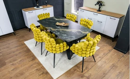 Set Masă Living Extensibilă Blat Ceramic Negru/Auriu DTM0105CS cu 6 Scaune KJC374 Galbene