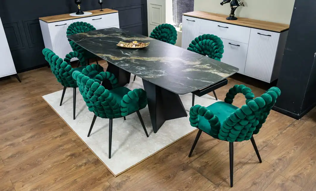 Set Masă Living Extensibilă Blat Ceramic Negru/Auriu DTM0105CS cu 6 Scaune KJC376 Verzi 2