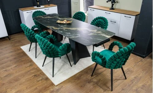 Set Masă Living Extensibilă Blat Ceramic Negru/Auriu DTM0105CS cu 6 Scaune KJC376 Verzi