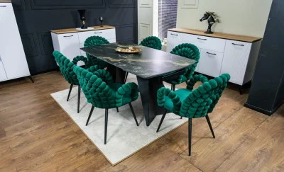 Set Masă Living Extensibilă Blat Ceramic Negru/Auriu DTM0105CS cu 6 Scaune KJC376 Verzi