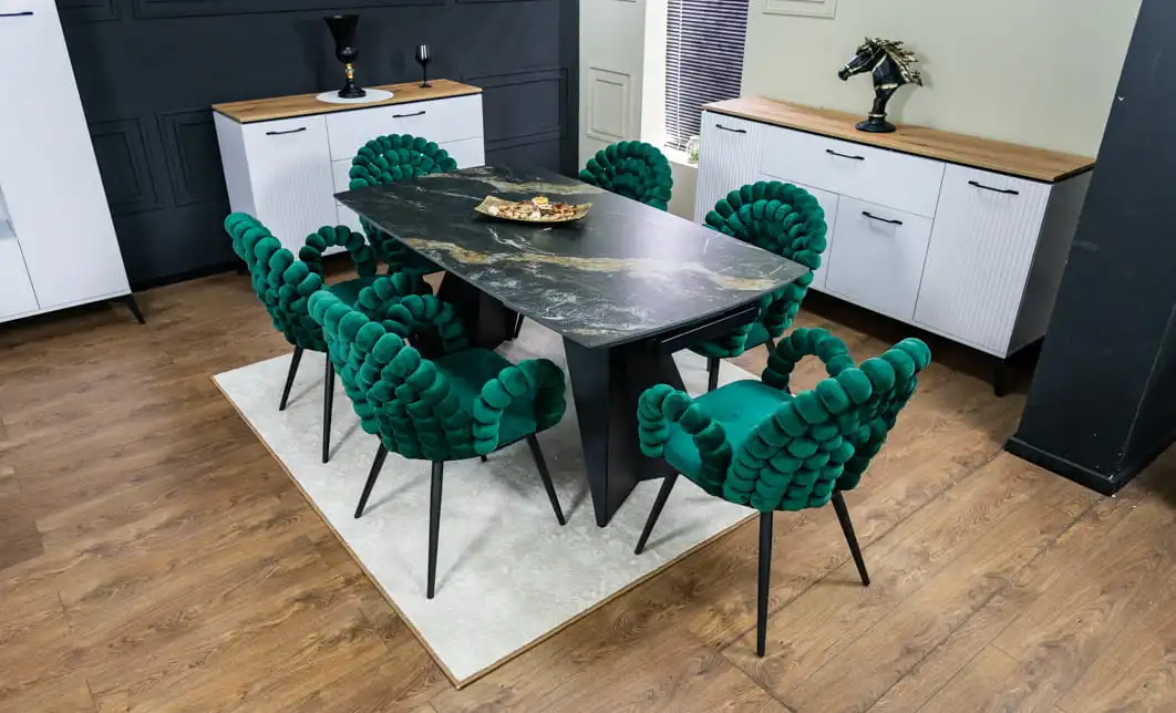 Set Masă Living Extensibilă Blat Ceramic Negru/Auriu DTM0105CS cu 6 Scaune KJC376 Verzi 1