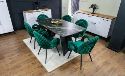 Set Masă Living Extensibilă Blat Ceramic Negru/Auriu DTM0105CS cu 6 Scaune KJC376 Verzi