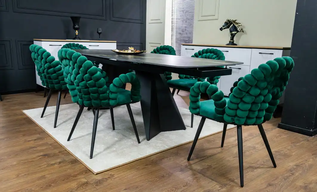 Set Masă Living Extensibilă Blat Ceramic Negru/Auriu DTM0105CS cu 6 Scaune KJC376 Verzi 7