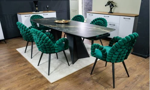 Set Masă Living Extensibilă Blat Ceramic Negru/Auriu DTM0105CS cu 6 Scaune KJC376 Verzi