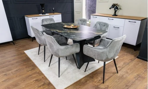 Set Masă Living Extensibilă Blat Ceramic Negru/Auriu DTM0105CS cu 6 Scaune KJC80 Gri