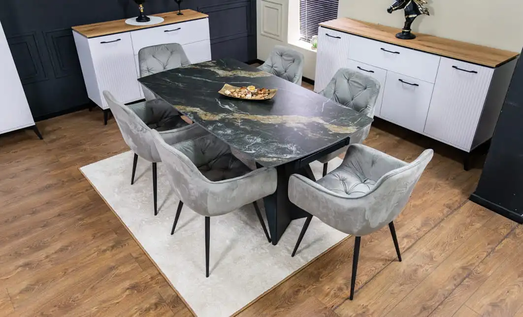 Set Masă Living Extensibilă Blat Ceramic Negru/Auriu DTM0105CS cu 6 Scaune KJC80 Gri 1