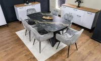 Set Masă Living Extensibilă Blat Ceramic Negru/Auriu DTM0105CS cu 6 Scaune KJC80 Gri