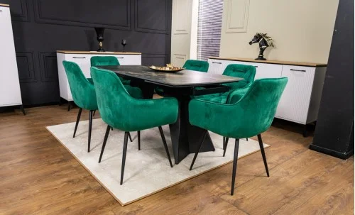 Set Masă Living Extensibilă Blat Ceramic Negru/Auriu DTM0105CS cu 6 Scaune KJC38 Verzi
