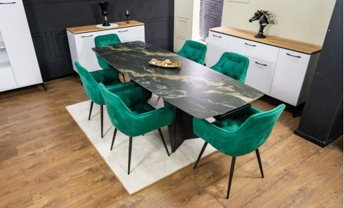 Set Masă Living Extensibilă Blat Ceramic Negru/Auriu DTM0105CS cu 6 Scaune KJC38 Verzi