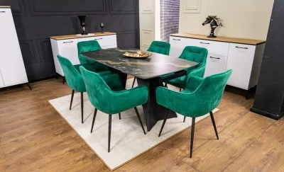 Set Masă Living Extensibilă Blat Ceramic Negru/Auriu DTM0105CS cu 6 Scaune KJC38 Verzi