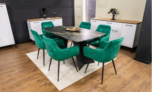 Set Masă Living Extensibilă Blat Ceramic Negru/Auriu DTM0105CS cu 6 Scaune KJC38 Verzi
