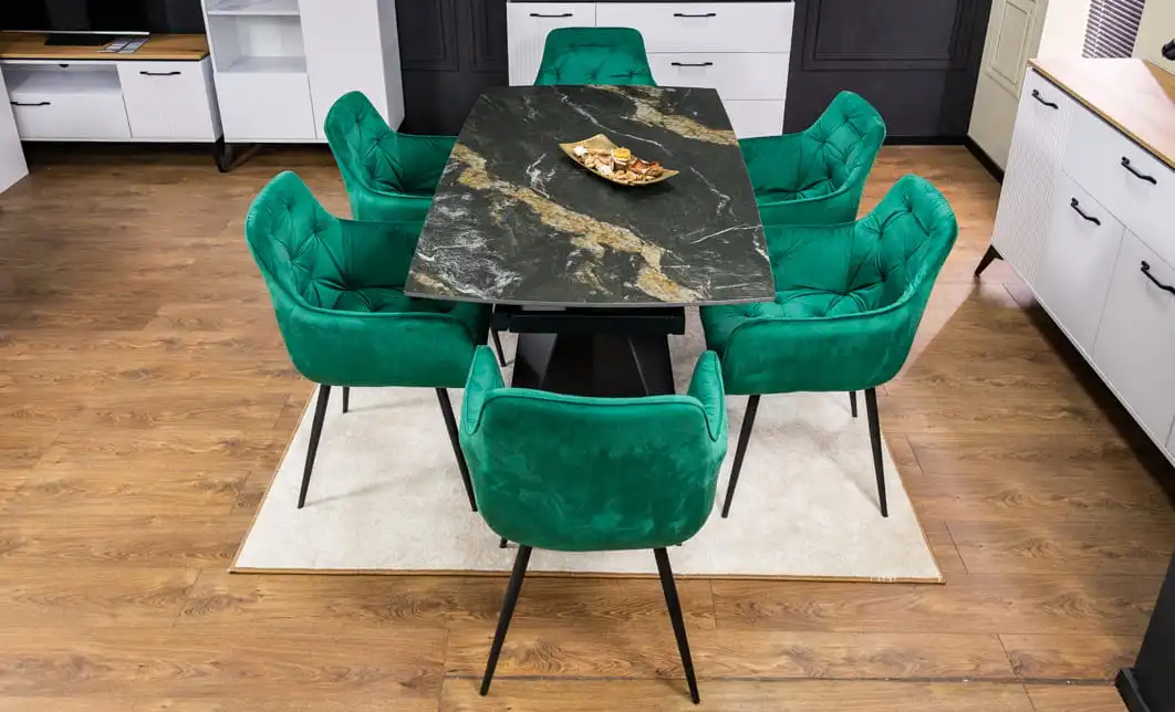 Set Masă Living Extensibilă Blat Ceramic Negru/Auriu DTM0105CS cu 6 Scaune KJC38 Verzi 7