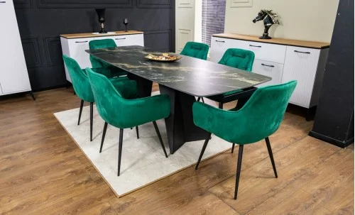 Set Masă Living Extensibilă Blat Ceramic Negru/Auriu DTM0105CS cu 6 Scaune KJC38 Verzi