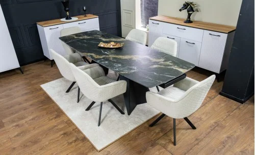 Set Masă Living Extensibilă Blat Ceramic Negru/Auriu DTM0105CS cu 6 Scaune KJC3846 Bej