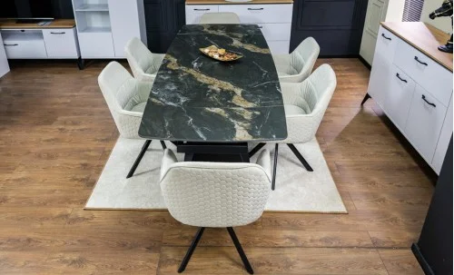 Set Masă Living Extensibilă Blat Ceramic Negru/Auriu DTM0105CS cu 6 Scaune KJC3846 Bej