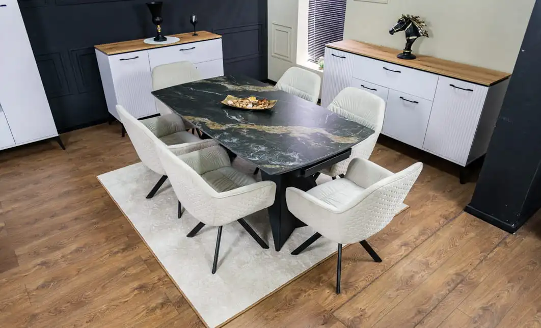 Set Masă Living Extensibilă Blat Ceramic Negru/Auriu DTM0105CS cu 6 Scaune KJC3846 Bej 1