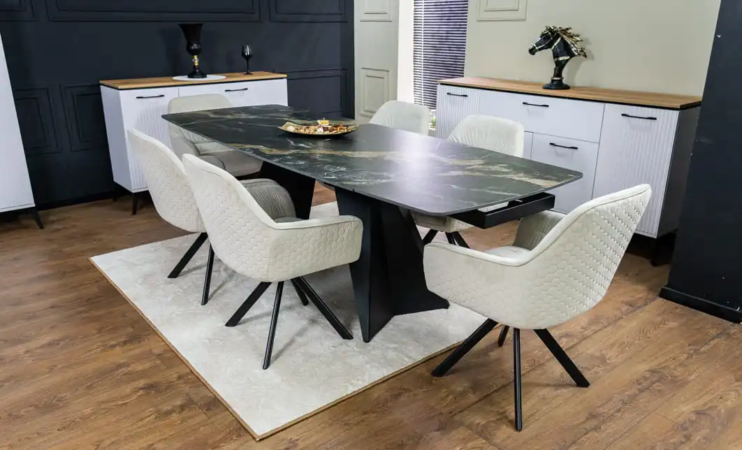 Set Masă Living Extensibilă Blat Ceramic Negru/Auriu DTM0105CS cu 6 Scaune KJC3846 Bej 2