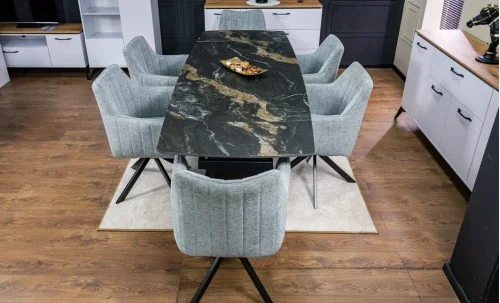 Set Masă Living Extensibilă Blat Ceramic Negru/Auriu DTM0105CS cu 6 Scaune KJC385 Gri