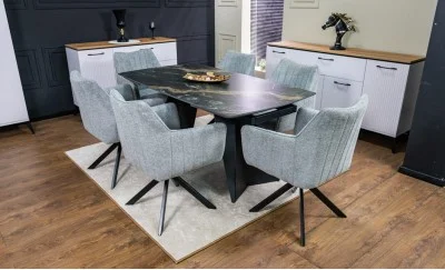 Set Masă Living Extensibilă Blat Ceramic Negru/Auriu DTM0105CS cu 6 Scaune KJC385 Gri