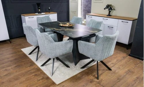 Set Masă Living Extensibilă Blat Ceramic Negru/Auriu DTM0105CS cu 6 Scaune KJC385 Gri
