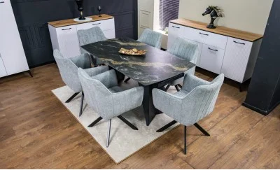 Set Masă Living Extensibilă Blat Ceramic Negru/Auriu DTM0105CS cu 6 Scaune KJC385 Gri