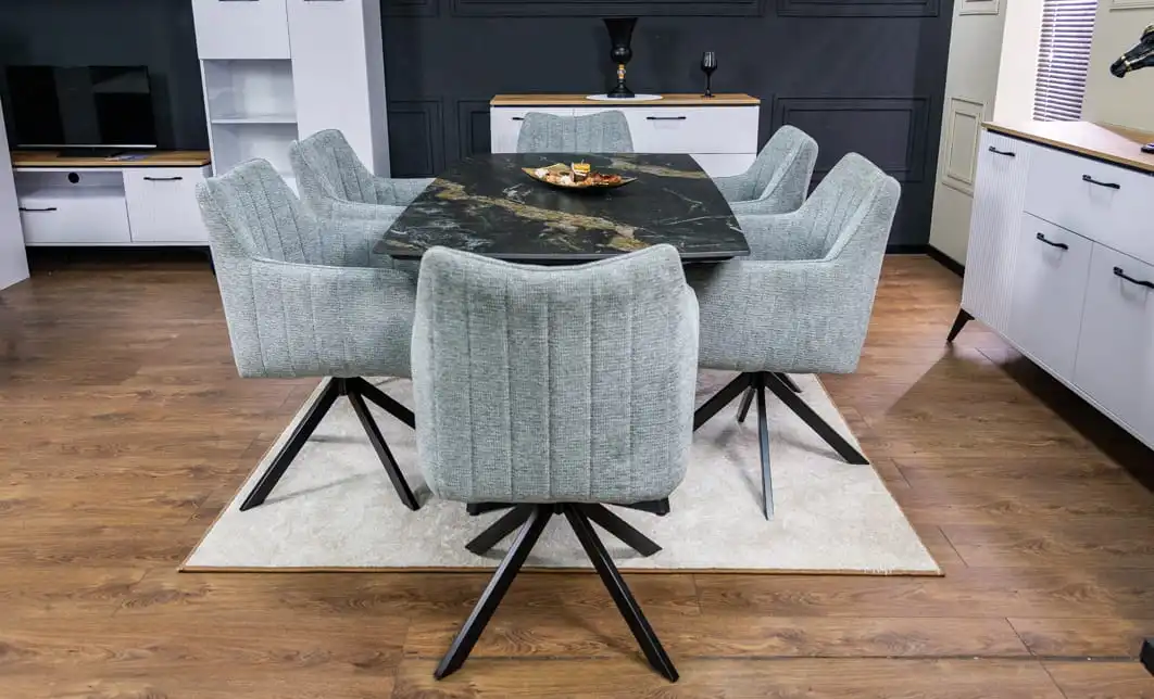 Set Masă Living Extensibilă Blat Ceramic Negru/Auriu DTM0105CS cu 6 Scaune KJC385 Gri 5