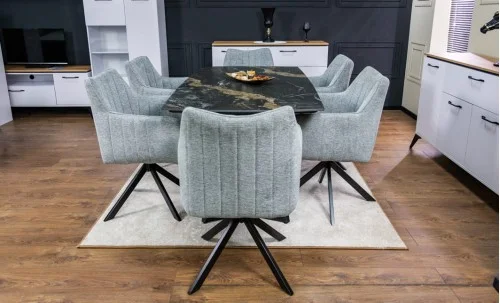 Set Masă Living Extensibilă Blat Ceramic Negru/Auriu DTM0105CS cu 6 Scaune KJC385 Gri