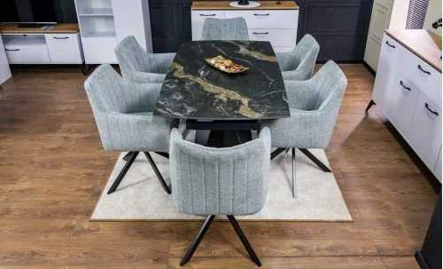 Set Masă Living Extensibilă Blat Ceramic Negru/Auriu DTM0105CS cu 6 Scaune KJC385 Gri