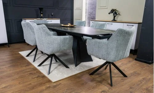 Set Masă Living Extensibilă Blat Ceramic Negru/Auriu DTM0105CS cu 6 Scaune KJC385 Gri