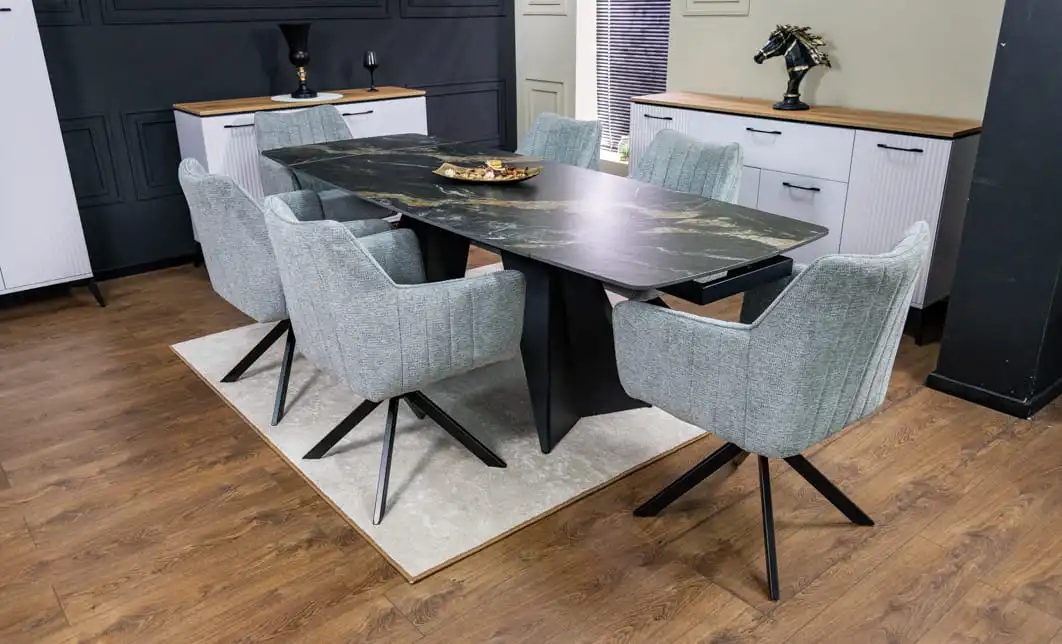 Set Masă Living Extensibilă Blat Ceramic Negru/Auriu DTM0105CS cu 6 Scaune KJC385 Gri 3