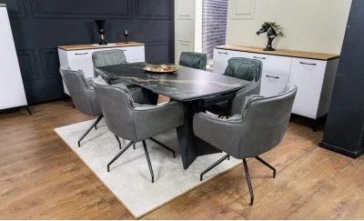 Set Masă Living Extensibilă Blat Ceramic Negru/Auriu DTM0105CS cu 6 Scaune KJC389 Gri