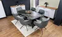 Set Masă Living Extensibilă Blat Ceramic Negru/Auriu DTM0105CS cu 6 Scaune KJC389 Gri 1